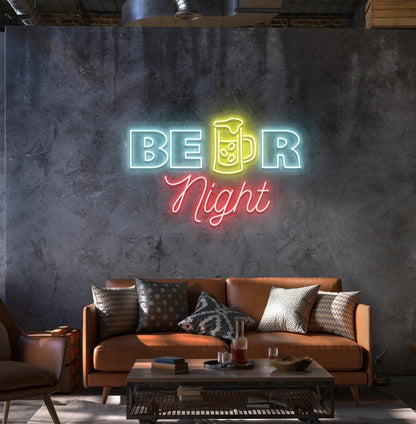 Modern wall decor with beer night neon sign glowing ice blue.