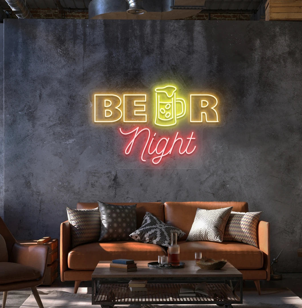 Image of a beer night neon sign mounted on aesthetic wall in orange.