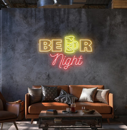 Image of a beer night neon sign mounted on aesthetic wall in orange.