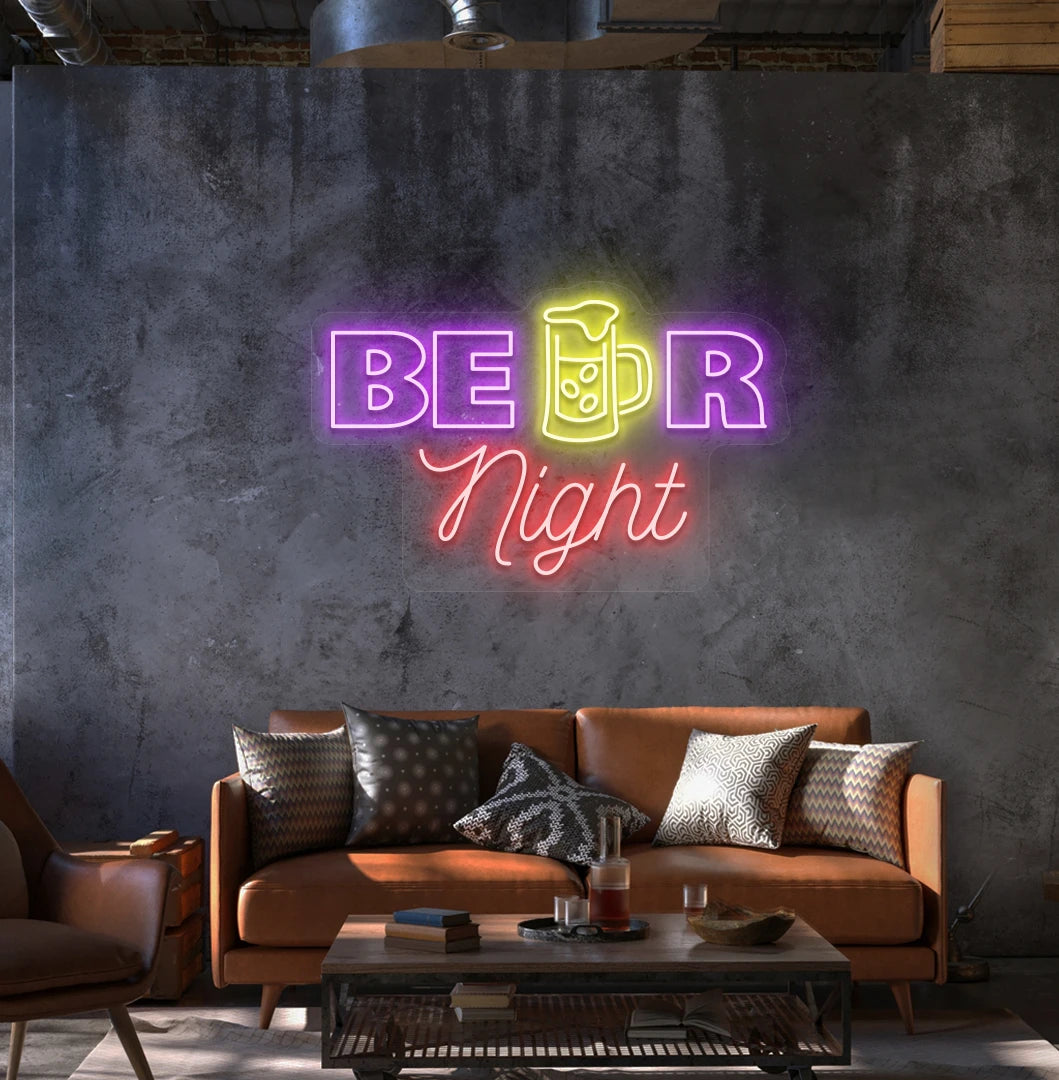 Image of a beer night neon sign mounted on aesthetic wall in purple.