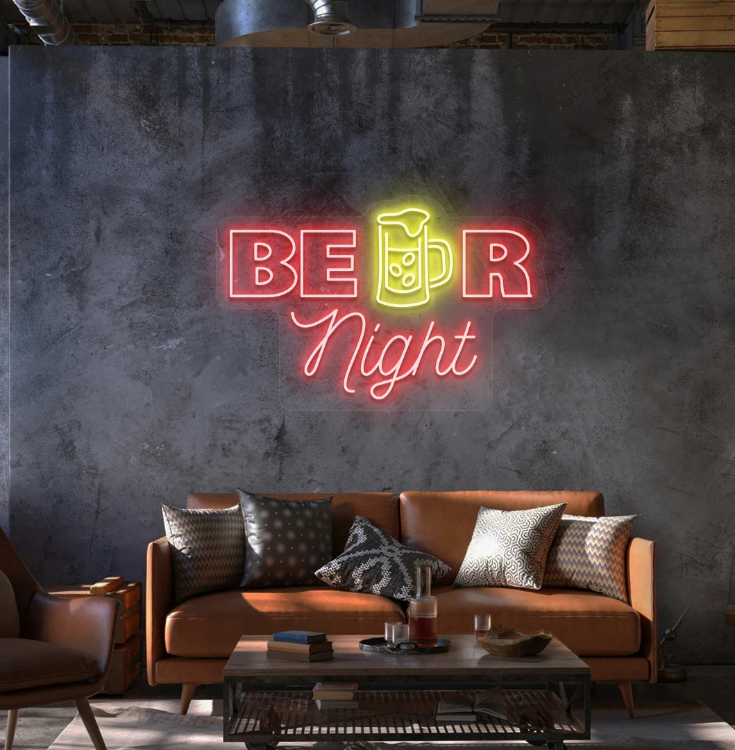 Modern wall decor with beer night neon sign glowing red.