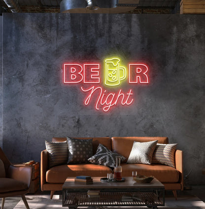 Modern wall decor with beer night neon sign glowing red.