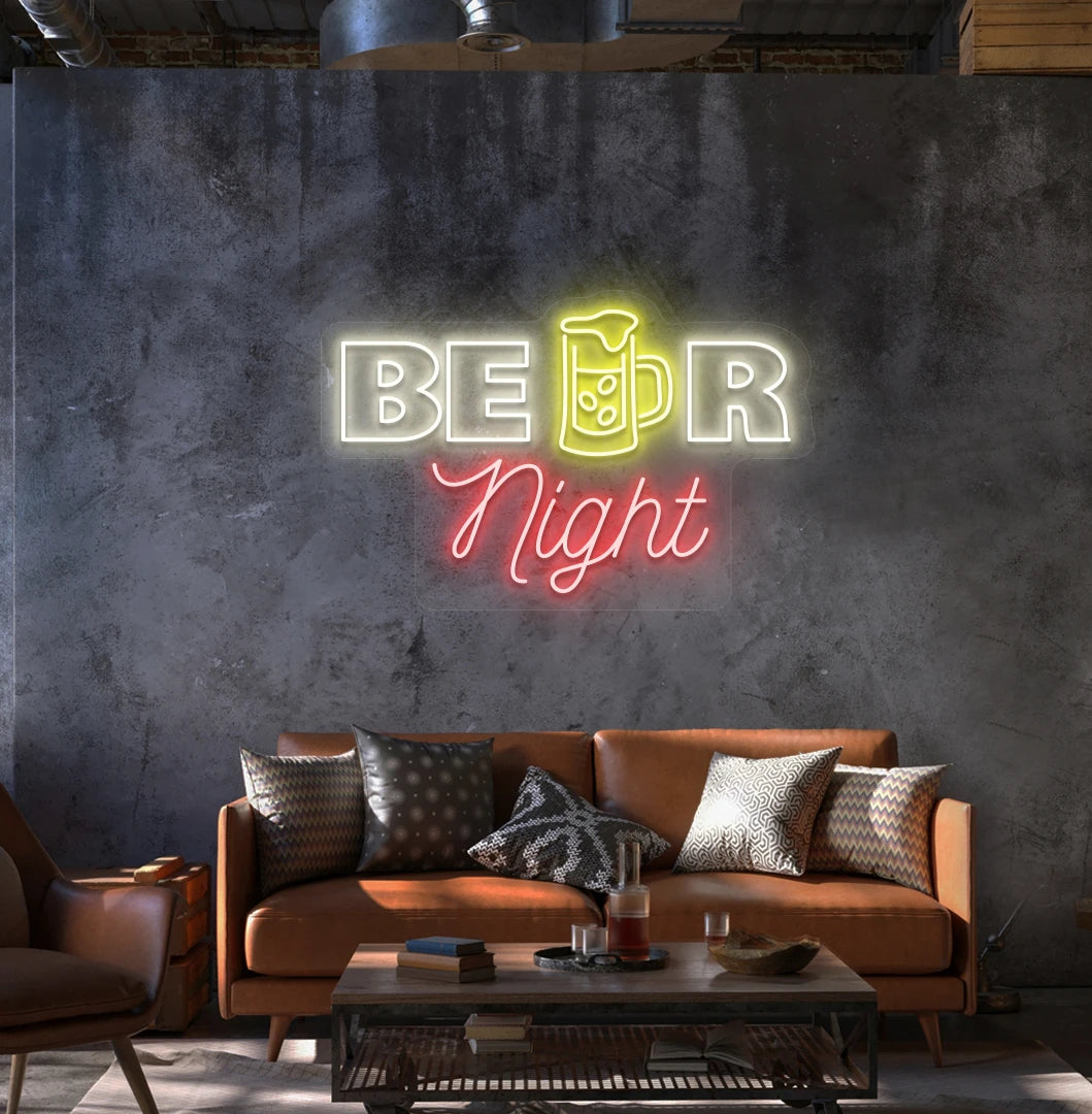Image of a beer night neon sign mounted on aesthetic wall in warm white.