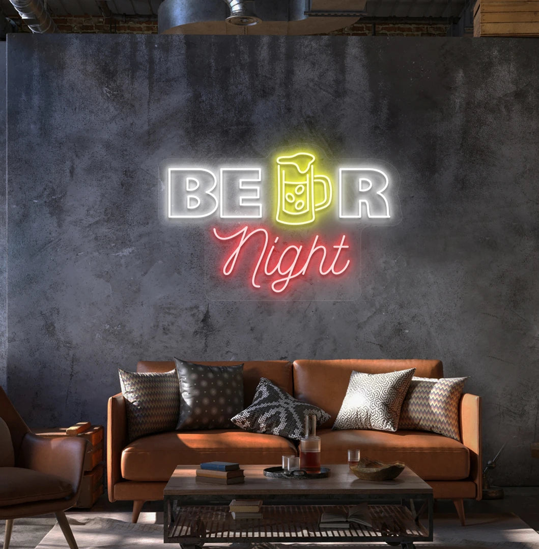 Modern wall decor with beer night neon sign glowing white.