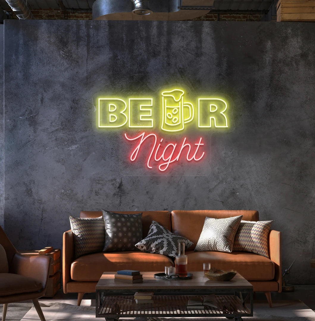 Image of a beer night neon sign mounted on aesthetic wall in yellow.