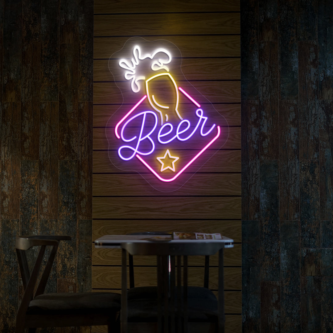 Image of a beer LED neon sign glowing on bar wall in multicolor.