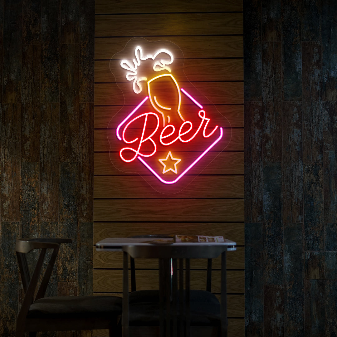 Pub wall with beer LED neon sign in multicolor. Perfect for bars, pubs, home bar setups, restaurants, party, event décor.