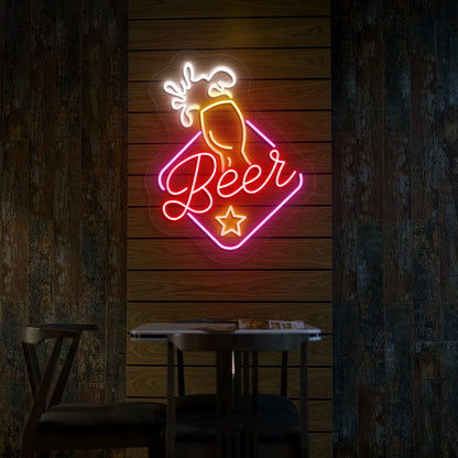 Pub wall with beer LED neon sign in multicolor. Perfect for bars, pubs, home bar setups, restaurants, party, event décor.