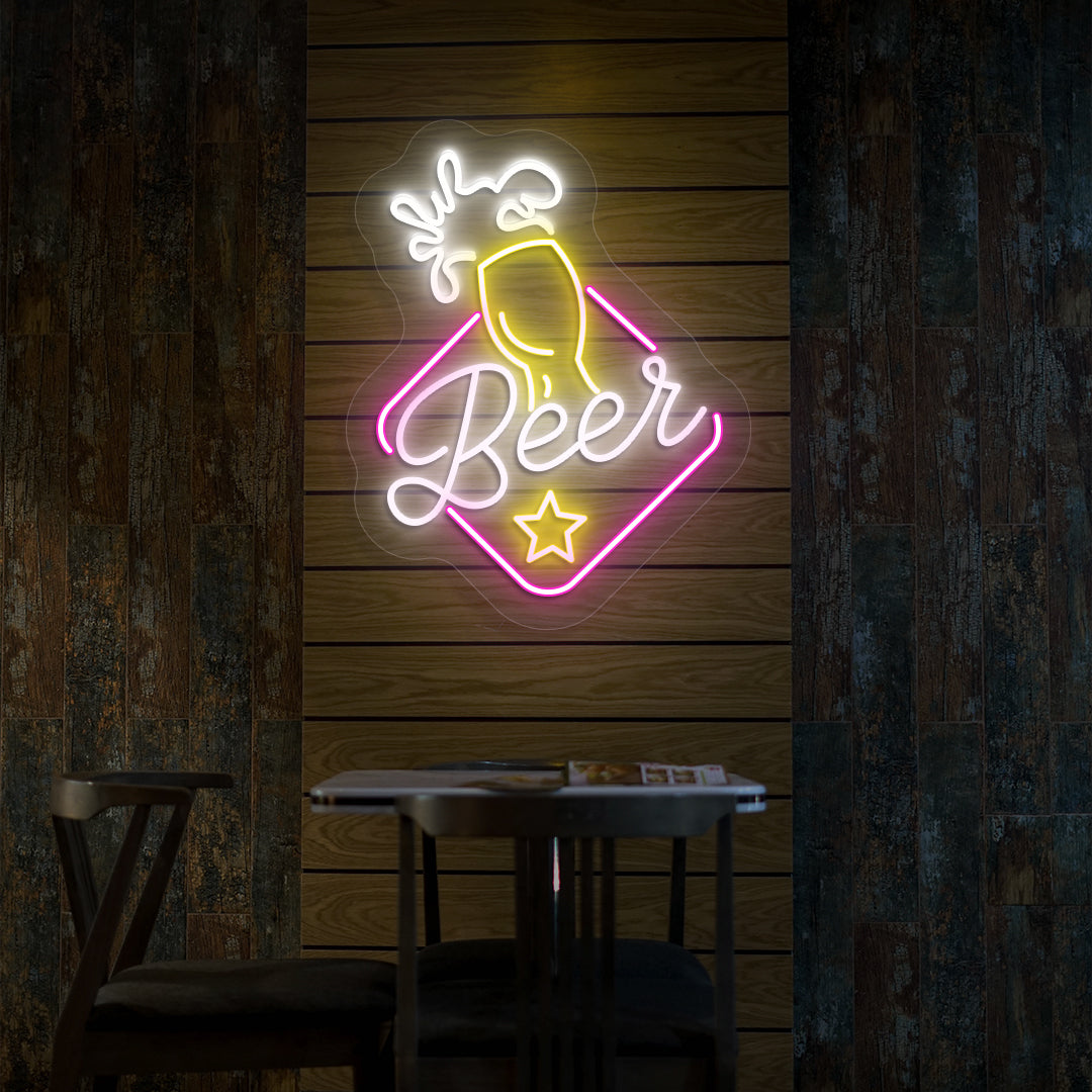Image of a beer LED neon sign glowing on bar wall in multicolor.