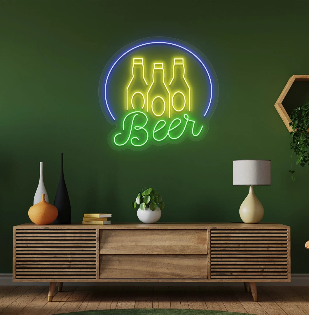 Image of a "Beer text with bottles" neon sign mounted on aesthetic wall in green.