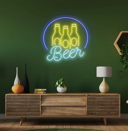 Modern wall decor with beer text and bottles neon sign glowing ice blue.