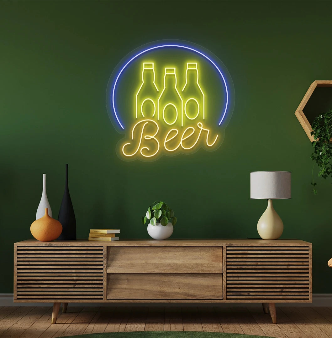Image of a "Beer text with bottles" neon sign mounted on aesthetic wall in orange.