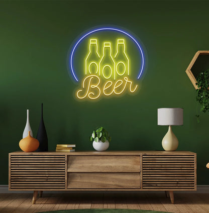 Image of a "Beer text with bottles" neon sign mounted on aesthetic wall in orange.
