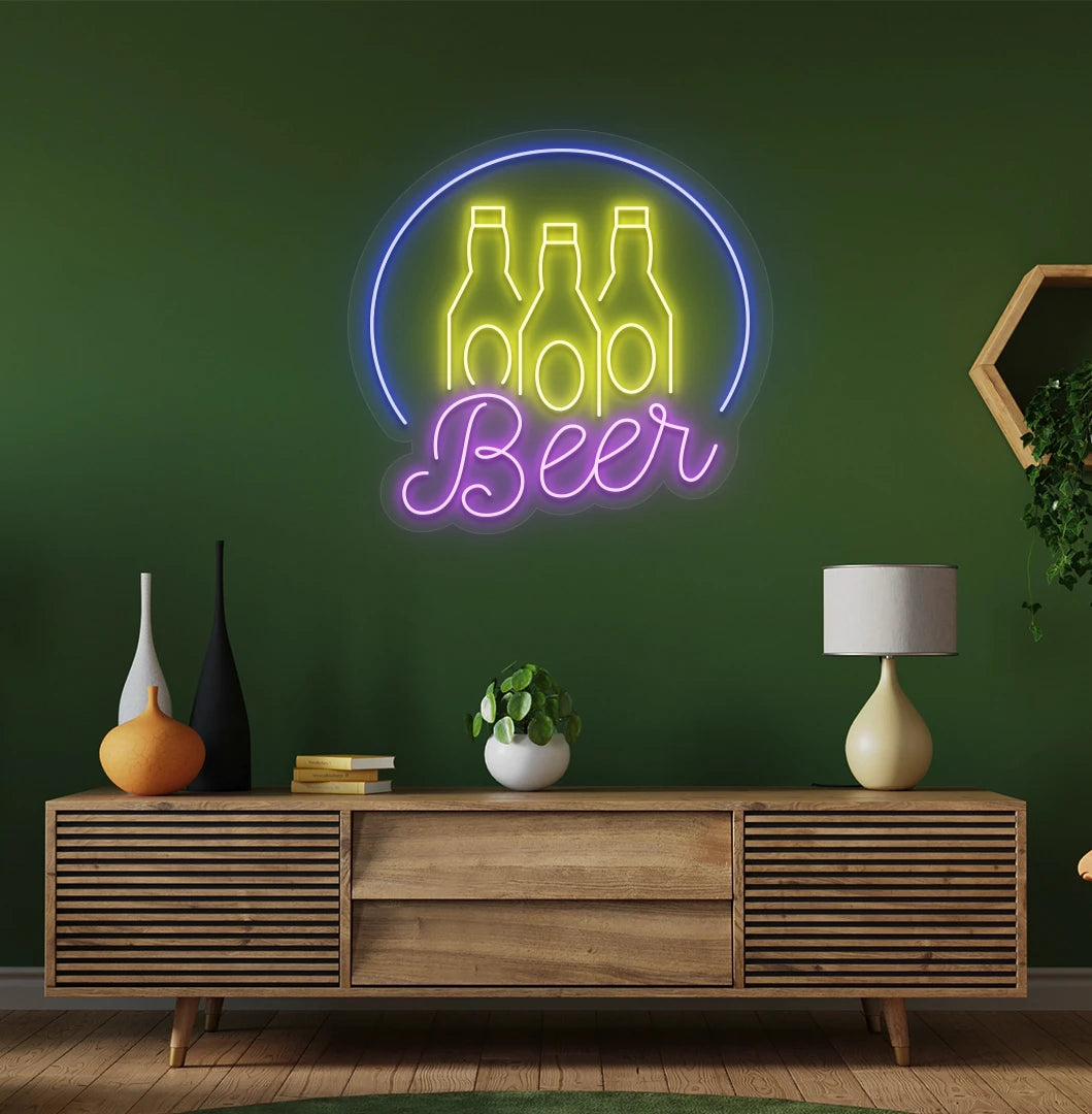 Image of a "Beer text with bottles" neon sign mounted on aesthetic wall in purple.