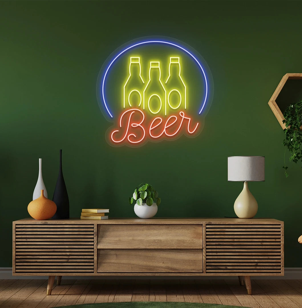 Modern wall decor with beer text and bottles neon sign glowing red.