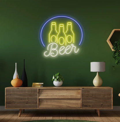 Image of a "Beer text with bottles" neon sign mounted on aesthetic wall in warm white.