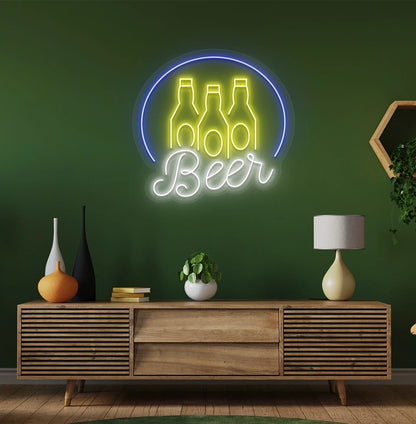 Modern wall decor with beer text and bottles neon sign glowing white.