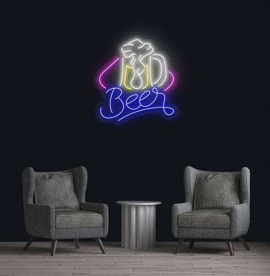 Modern wall decor with beer text and glass neon sign glowing blue.