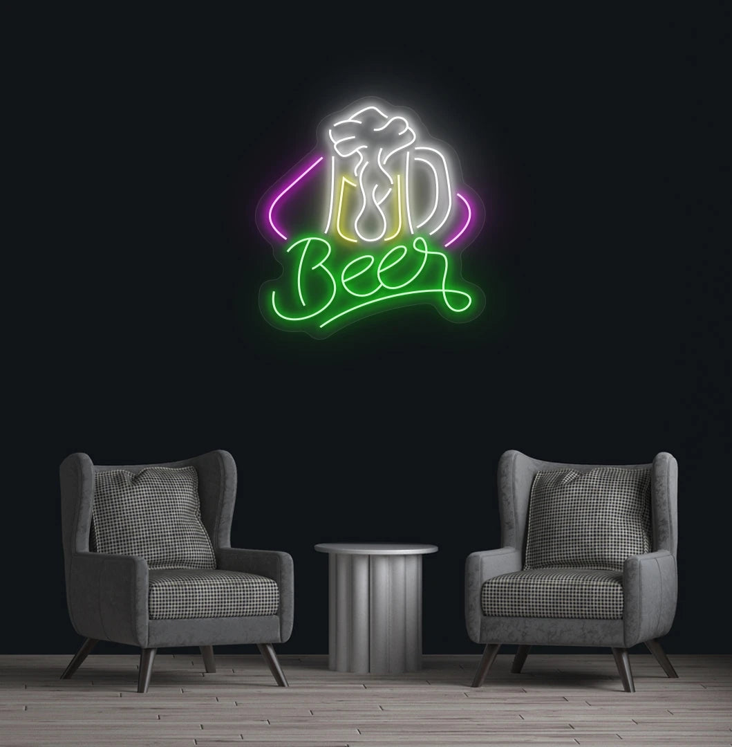 Green beer text with glass LED neon sign for bar wall setup.
