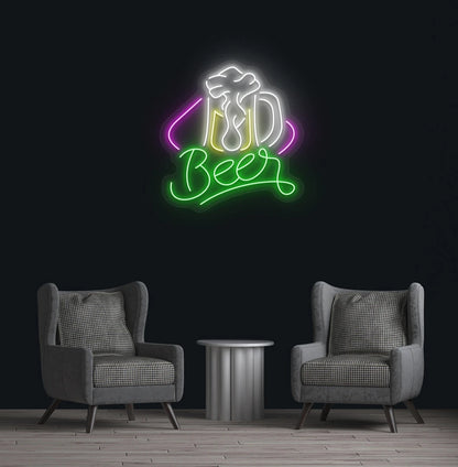 Green beer text with glass LED neon sign for bar wall setup.