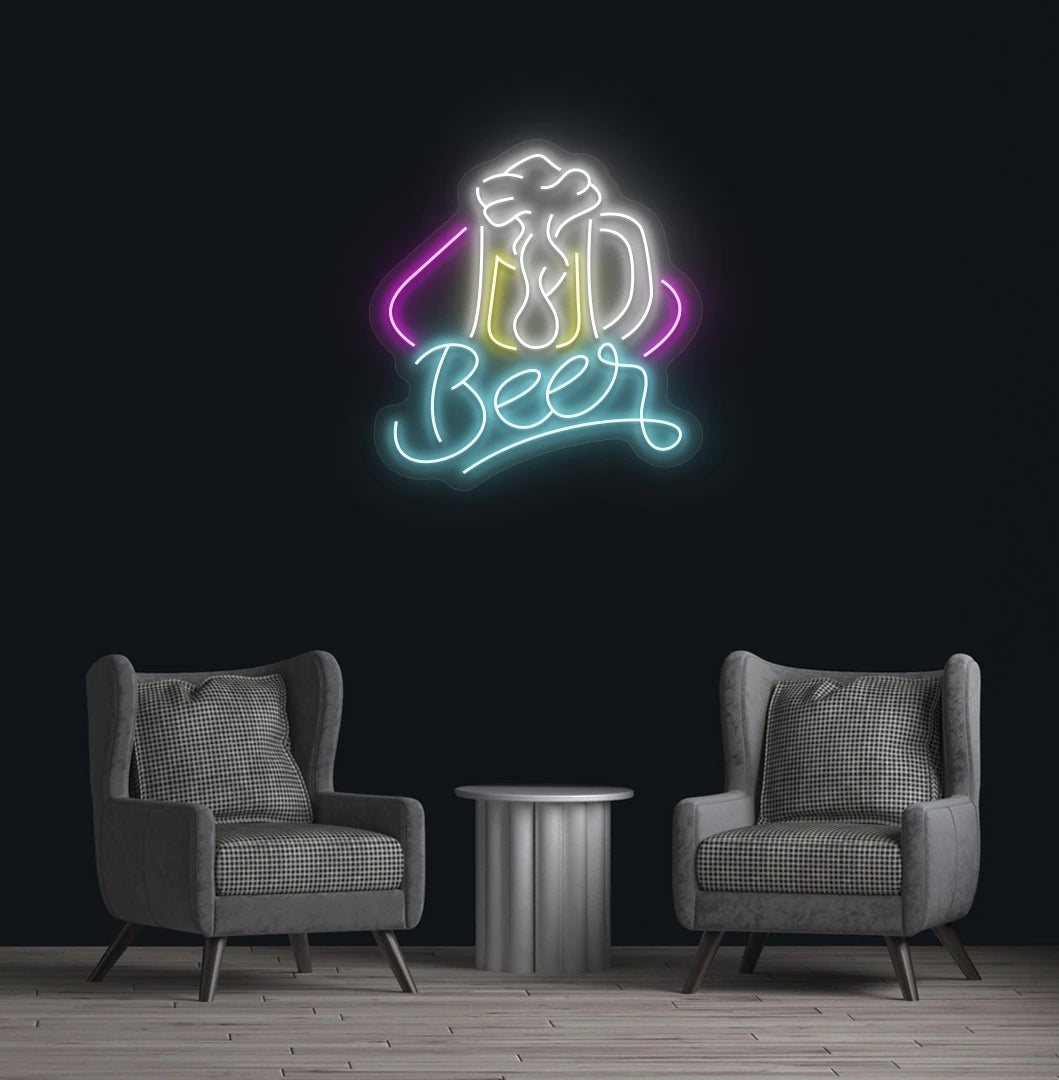 Modern wall decor with beer text and glass neon sign glowing ice blue