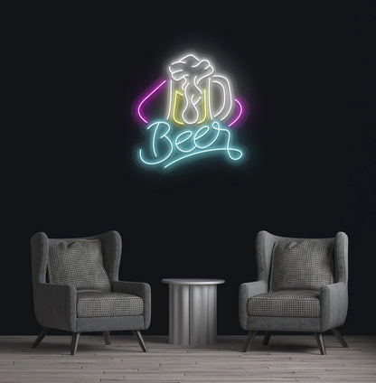 Modern wall decor with beer text and glass neon sign glowing ice blue