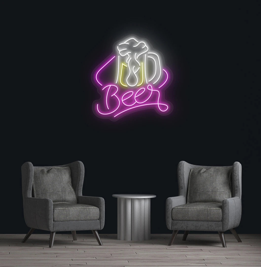 Modern wall decor with beer text and glass neon sign glowing pink.