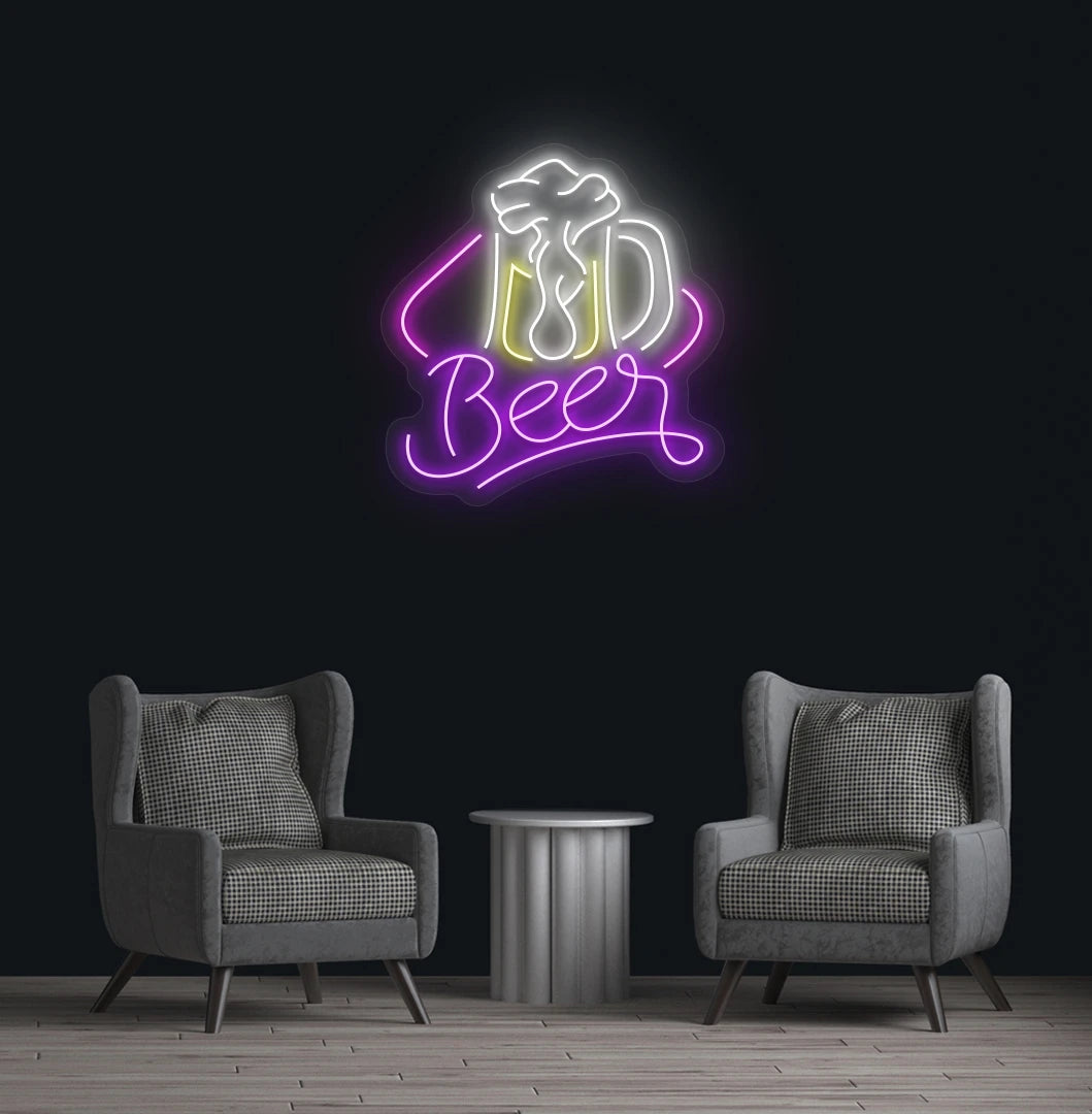 Purple beer text with glass LED neon sign for bar wall setup.