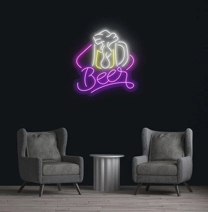 Purple beer text with glass LED neon sign for bar wall setup.