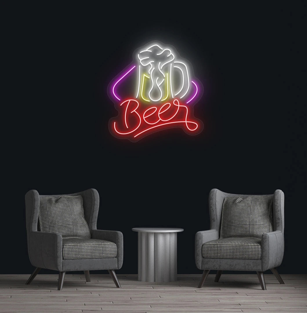 Modern wall decor with beer text and glass neon sign glowing red.