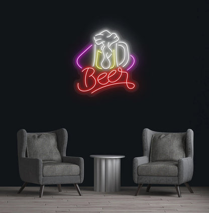 Modern wall decor with beer text and glass neon sign glowing red.