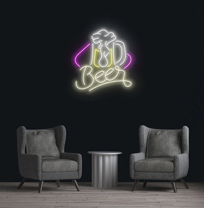 Warm White beer text with glass LED neon sign for bar wall setup.