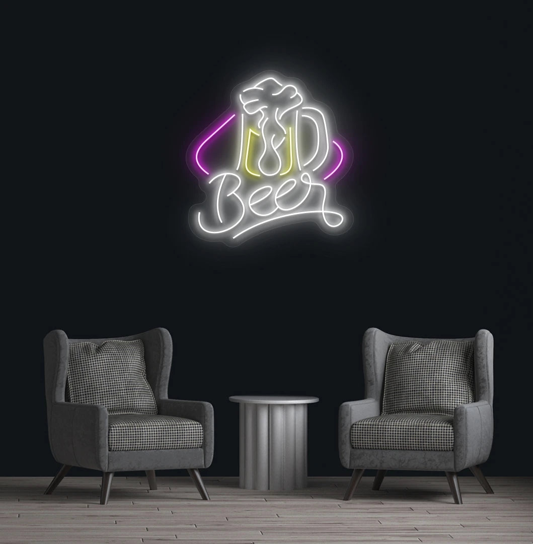 Modern wall decor with beer text and glass neon sign glowing white.