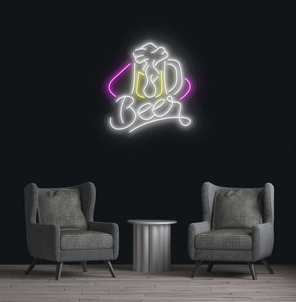 Modern wall decor with beer text and glass neon sign glowing white.