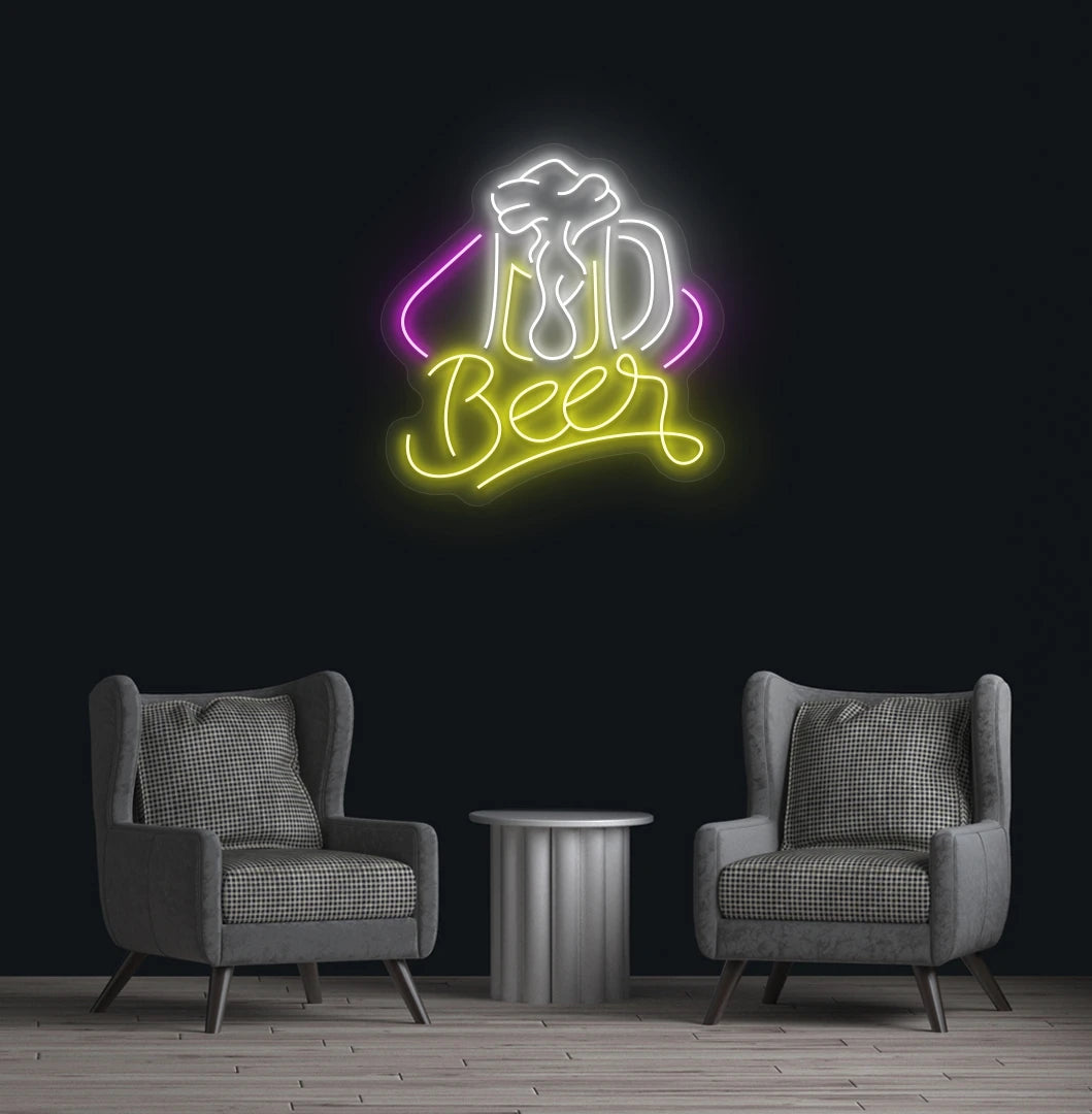 Yellow beer text with glass LED neon sign for bar wall setup.