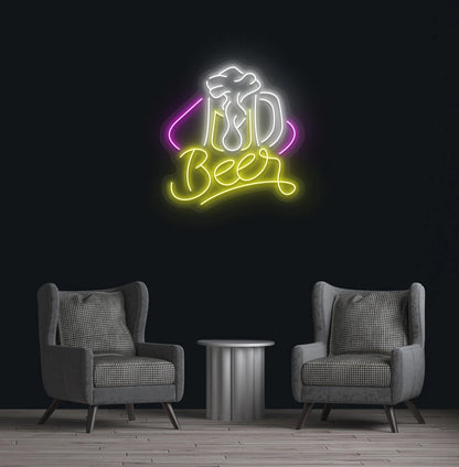 Yellow beer text with glass LED neon sign for bar wall setup.