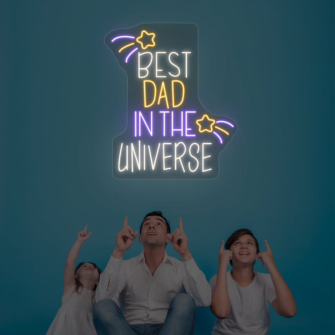 Bright best dad in the universe neon sign multicolor glowing on wall.