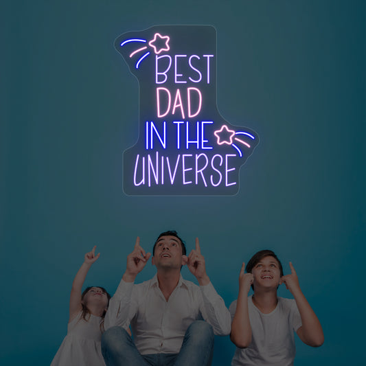 Image of a best dad in the universe neon sign colorful design mounted on wall.