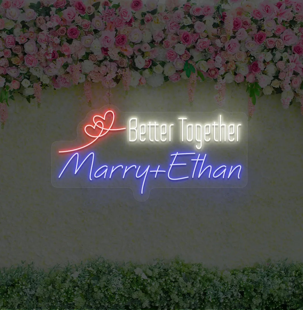 Romantic Better Together personalized name neon sign glowing blue on aesthetic wall.