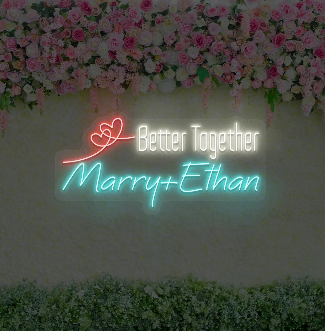 Romantic Better Together personalized name neon sign glowing ice blue on aesthetic wall.