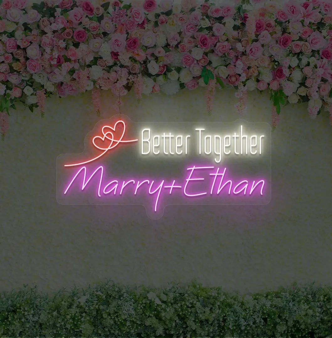 Romantic Better Together personalized name neon sign glowing pink on aesthetic wall.