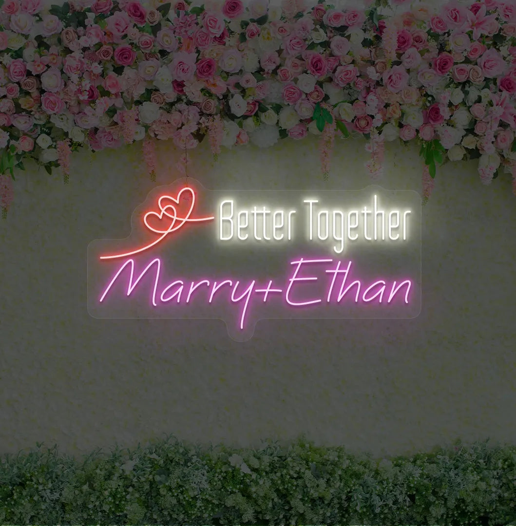 Personalized Better Together neon sign with custom names mounted on modern wedding backdrop wall in purple color.