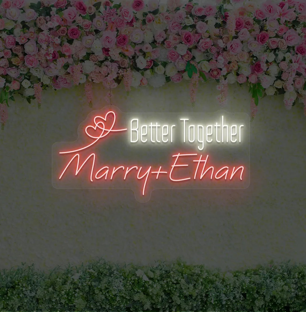 Romantic Better Together personalized name neon sign glowing red on aesthetic wall.