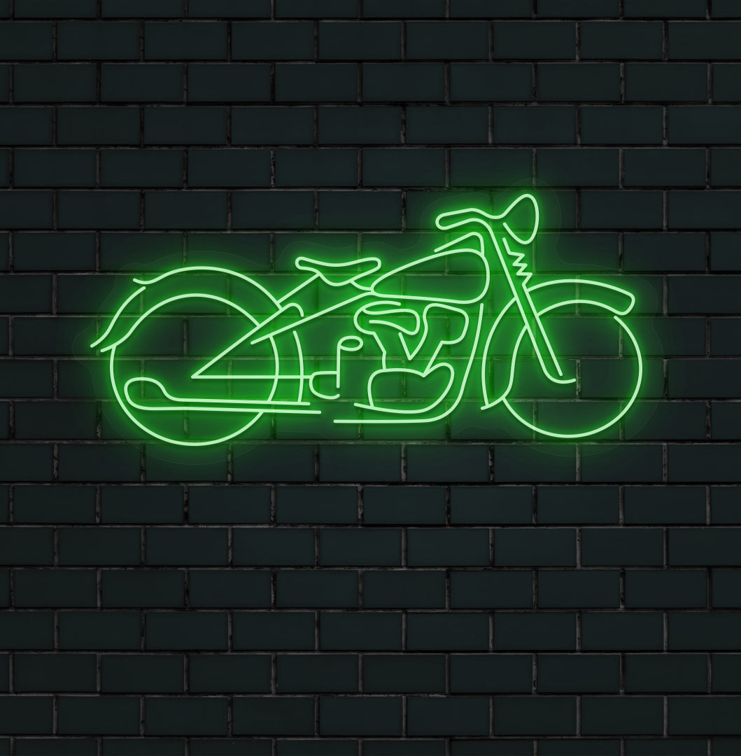 A modern wall with a bike neon sign glowing green. Perfect for bike lovers, garages, bike shops, and living spaces.