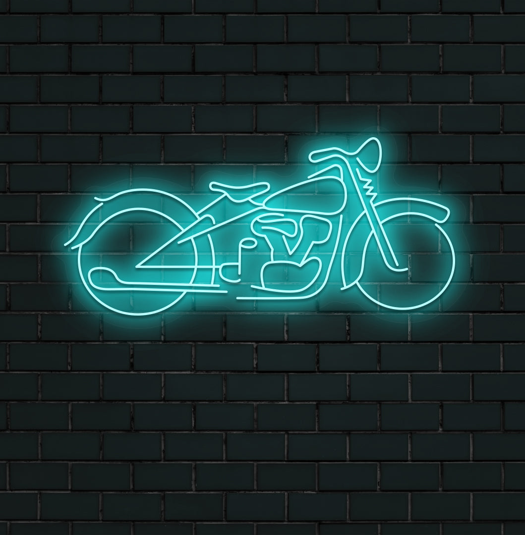 Image of a stylish bike neon sign mounted on wall in ice blue color.
