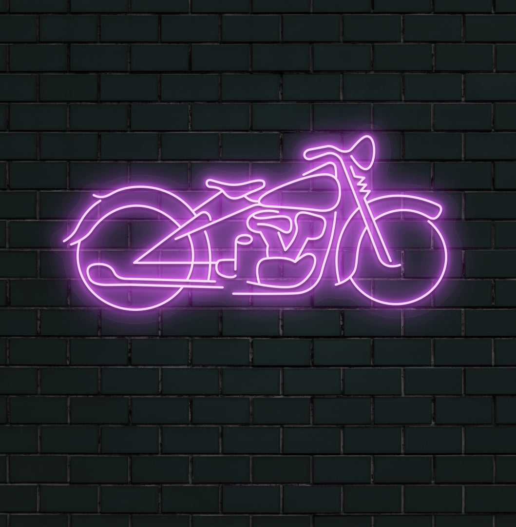 A modern wall with a bike neon sign glowing purple. Perfect for bike lovers, garages, bike shops, and living spaces.