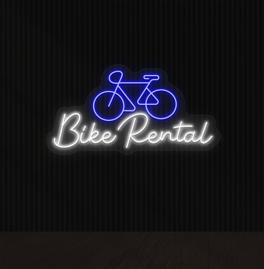 Image of a bike rental neon sign with bicycle icon mounted on wall in blue color.