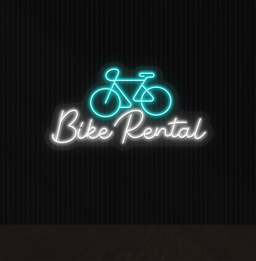 Image of a bike rental neon sign with bicycle icon mounted on wall in ice blue color.