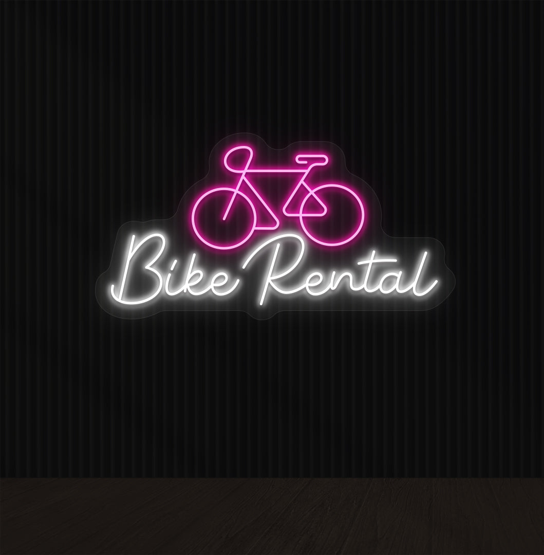 Image of a bike rental neon sign with bicycle icon mounted on wall in pink color.