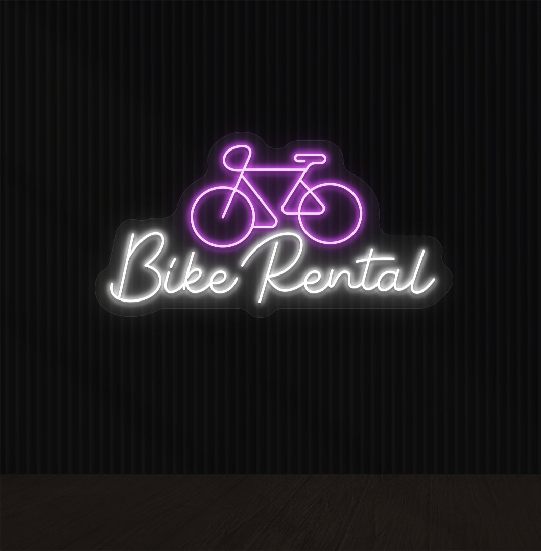 Bright purple LED bike rental neon sign with cycle icon glowing on wall.